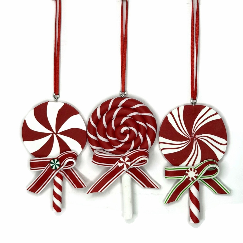 Red White Lollipop Swirl Ornaments Set of 3
